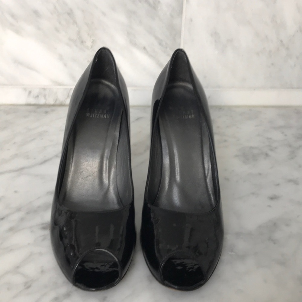 Stuart Weitzman black patent leather peep toe heel